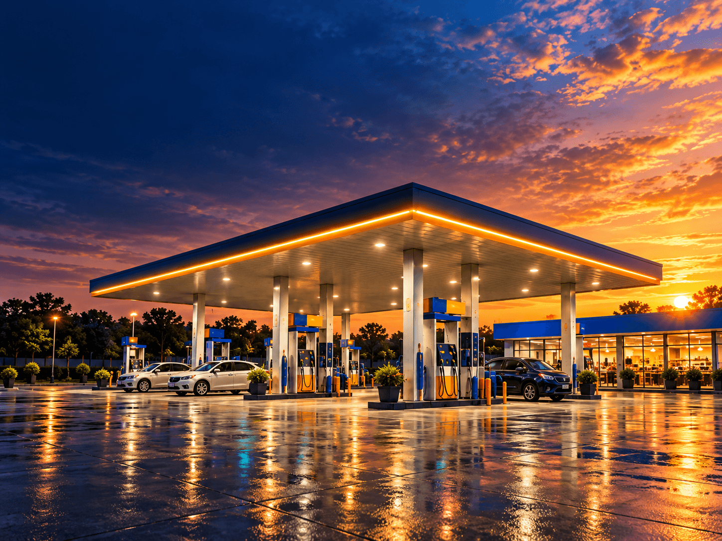 Fuel station at sunset with an illuminated canopy and wet forecourt